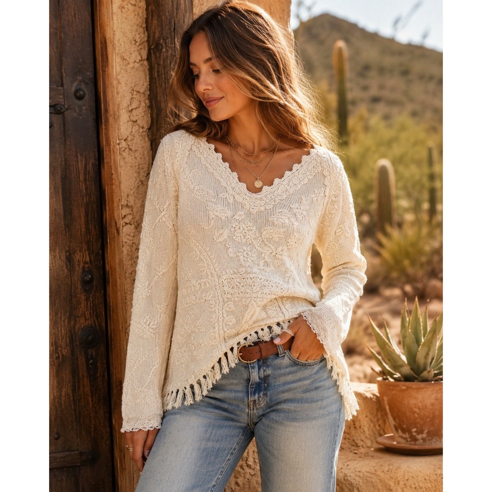 Marie Y Ivory Embroidered Boho Knit Sweater Fringe Hem Small